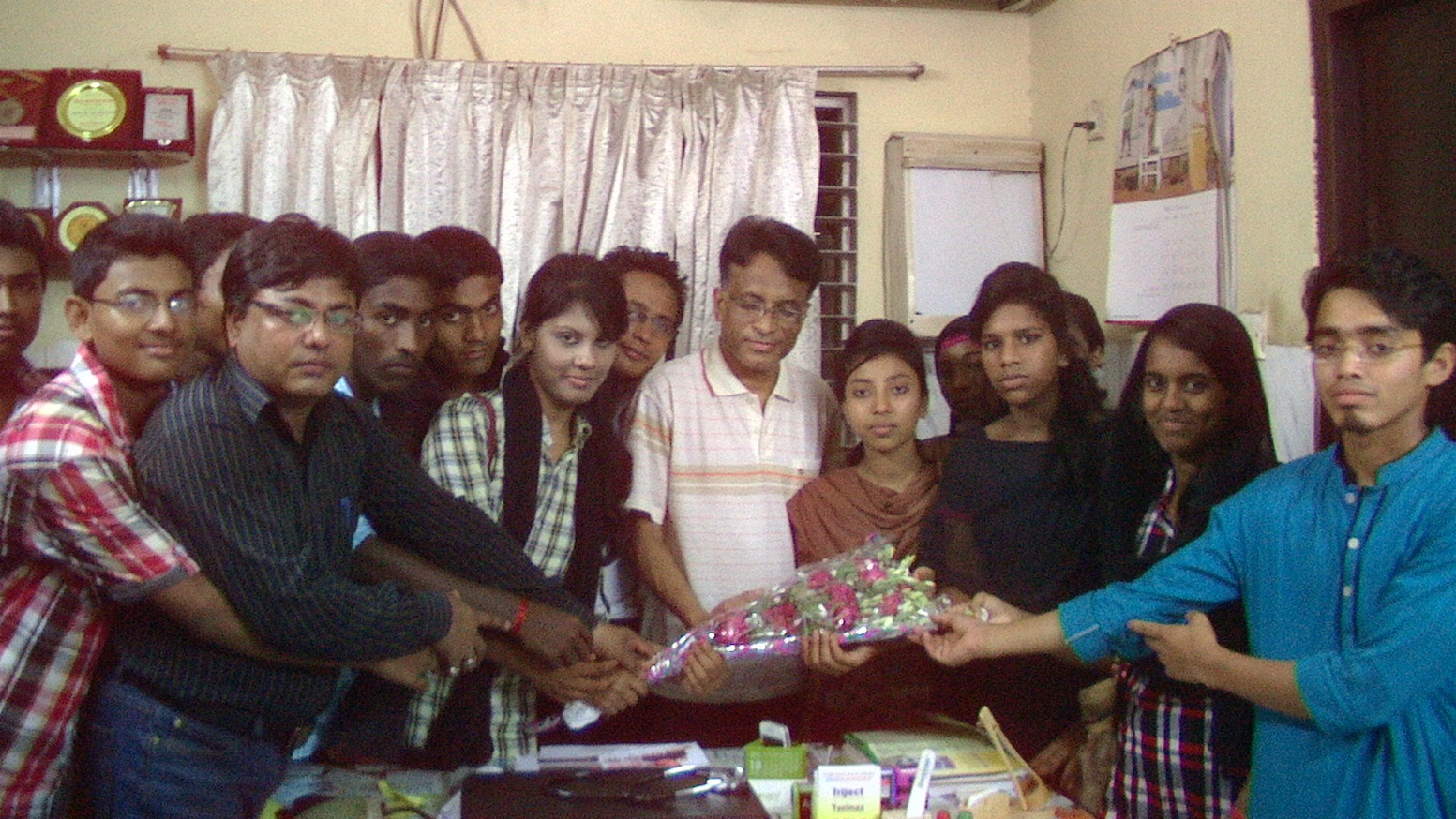 In the Pictrue- Chairman of Begamganj-Sonaimuri Shikkha O Sastha Unnayan Foundation and Begumganj Technical and Computer Institute Principal Gias Uddin Mithu and students greet with flowers Dr. Abu Taher, the advisor of the Institute